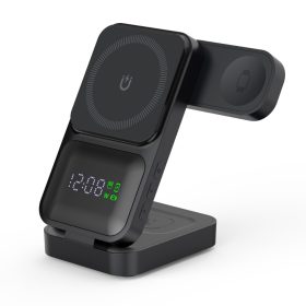   S1 MagTime töltőállomás iPhone, Apple Watch és Airpods készülékekhez, óra funkcióval, fekete