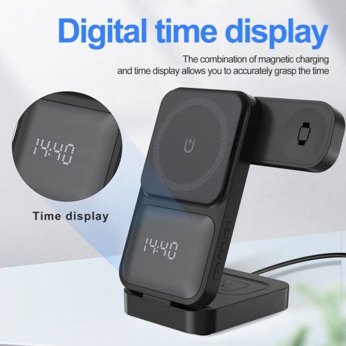 S1 MagTime töltőállomás iPhone, Apple Watch és Airpods készülékekhez, óra funkcióval, fekete