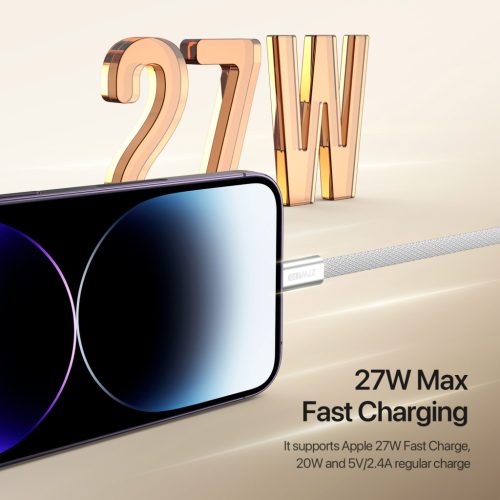 Mágneses fonott USB-C - Lightning töltőkábel (27W) - szürke