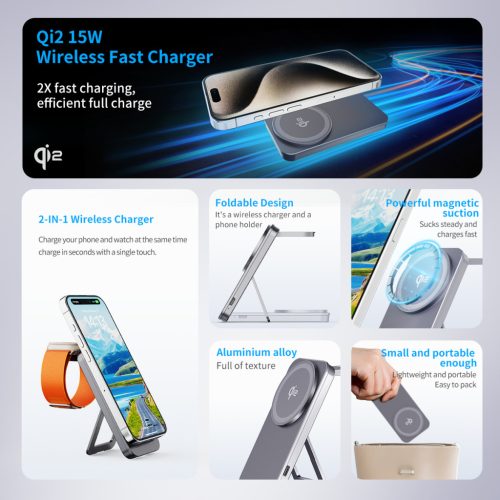 OJD-135 Qi2 15W 2 az 1-ben vezeték nélküli töltőállomás iPhone és Apple Watch készülékekhez