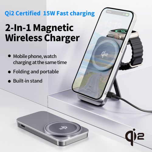OJD-135 Qi2 15W 2 az 1-ben vezeték nélküli töltőállomás iPhone és Apple Watch készülékekhez