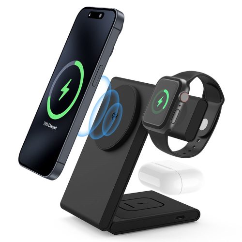 M5 Qi2 3 az 1-ben összecsukható mágneses vezeték nélküli töltőállomás iPhone / Apple Watch / AirPods – Fekete