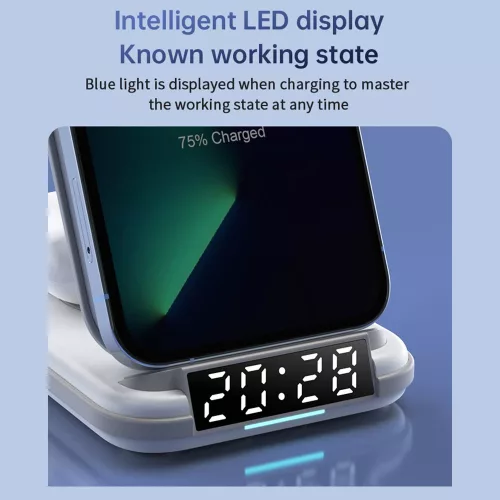 LFX-180 4 az 1-ben vezeték nélküli töltőállomás iPhone, Apple Watch és AirPods töltéséhez, digitális óra kijelzővel és ébresztő funkcióval