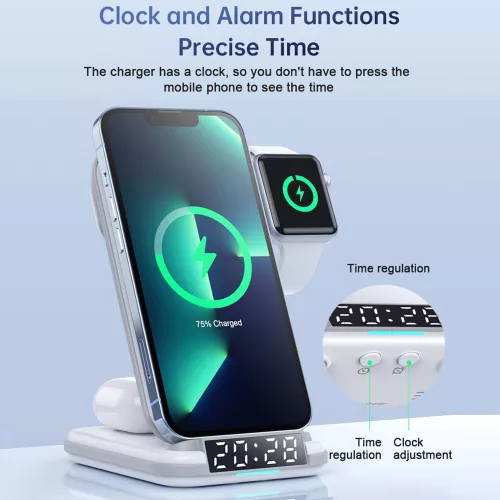 LFX-180 4 az 1-ben vezeték nélküli töltőállomás iPhone, Apple Watch és AirPods töltéséhez, digitális óra kijelzővel és ébresztő funkcióval