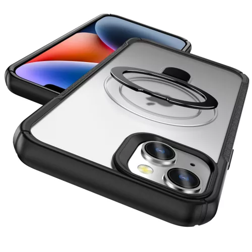 MagnoFold fekete/áttetsző MagSafe kompatibilis iPhone 13 / iPhone 14 védőtok kihajtható gyűrűvel