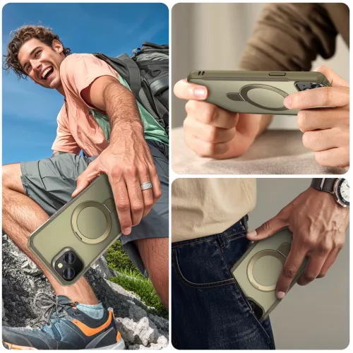 MagnoFold khaki MagSafe kompatibilis iPhone 15 védőtok kihajtható gyűrűvel