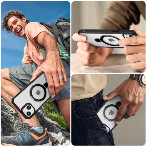 MagnoFold fekete/áttetsző MagSafe kompatibilis iPhone 15 védőtok kihajtható gyűrűvel