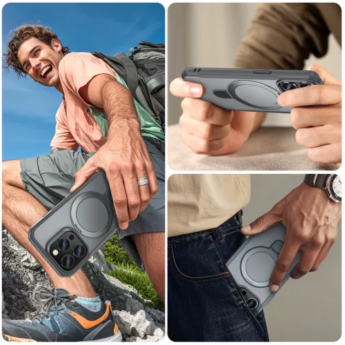MagnoFold szürke MagSafe kompatibilis iPhone 15 Pro védőtok kihajtható gyűrűvel