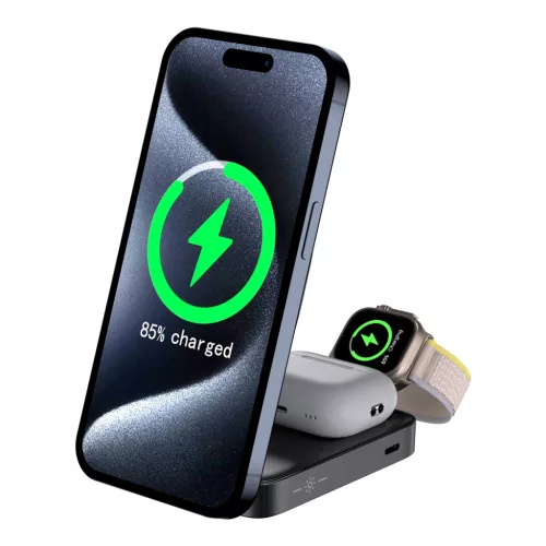 C40 QI2 15W vezeték nélküli töltőállomás LED világítással iPhone, Apple Watch és Airpods készülékekhez, fekete