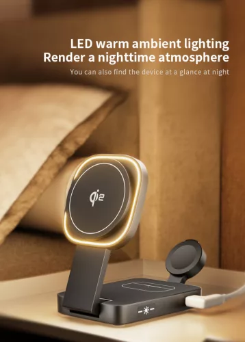 C40 QI2 15W vezeték nélküli töltőállomás LED világítással iPhone, Apple Watch és Airpods készülékekhez, fekete