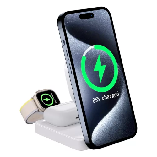C40 QI2 15W vezeték nélküli töltőállomás LED világítással iPhone, Apple Watch és Airpods készülékekhez, fehér