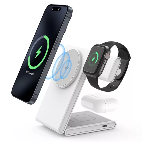 M5 Qi2 3 az 1-ben összecsukható mágneses vezeték nélküli töltőállomás iPhone / Apple Watch / AirPods – Fehér