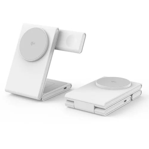 M5 Qi2 3 az 1-ben összecsukható mágneses vezeték nélküli töltőállomás iPhone / Apple Watch / AirPods – Fehér