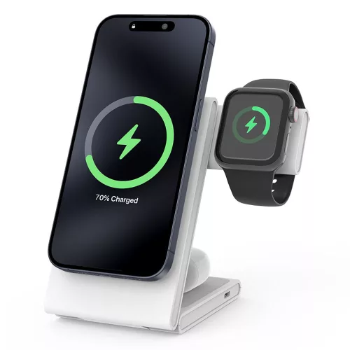 M5 Qi2 3 az 1-ben összecsukható mágneses vezeték nélküli töltőállomás iPhone / Apple Watch / AirPods – Fehér