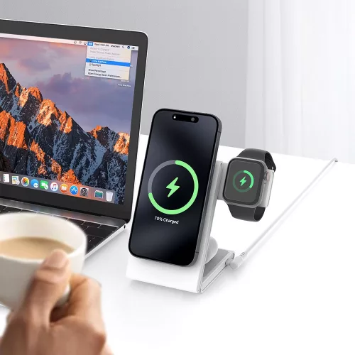 M5 Qi2 3 az 1-ben összecsukható mágneses vezeték nélküli töltőállomás iPhone / Apple Watch / AirPods – Fehér