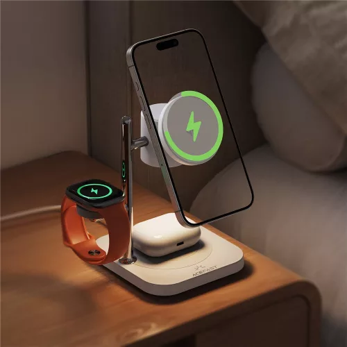 E39 Qi2.2 32,5W 4 az 1-ben vezeték nélküli töltőállomás állítható éjszakai fénnyel - iPhone, Airpods és Apple Watch készülékekhez