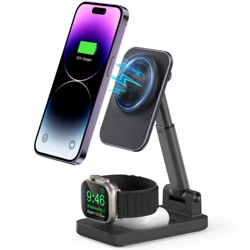 V16 3 az 1-ben 15W MagSafe kompatibilis vezeték nélküli töltőállomás, összecsukható,  Apple Watch, iPhone, AirPods készülékekhez