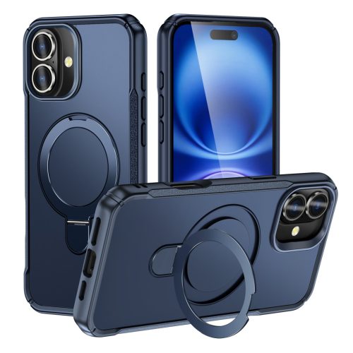 MagnoFold sötétkék MagSafe kompatibilis iPhone 16 védőtok kihajtható gyűrűvel