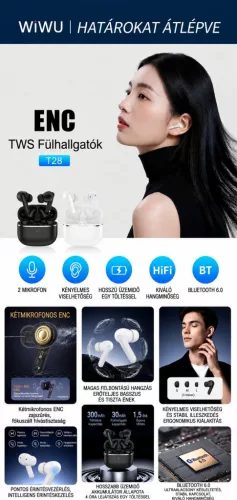 WiWU T28 ENC Bluetooth fülhallgató, kétmikrofonos zajszűréssel és mély basszussal - fehér