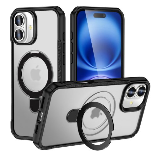 MagnoFold fekete/áttetsző MagSafe kompatibilis iPhone 16 védőtok kihajtható gyűrűvel