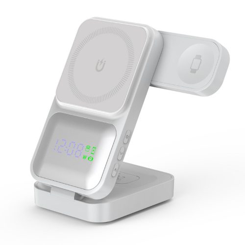 S1 MagTime töltőállomás iPhone, Apple Watch és Airpods készülékekhez, óra funkcióval, fehér