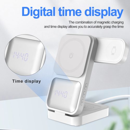 S1 MagTime töltőállomás iPhone, Apple Watch és Airpods készülékekhez, óra funkcióval, fehér