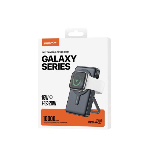 W27 10000mAh MagSafe kompatibilis PowerBank iPhone és Apple Watch készülékekhez, fekete