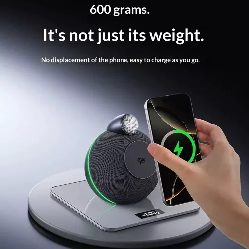 X16 Qi2.2 25W mágneses töltőállomás iPhone-hoz, AirPodshoz és Apple Watchhoz Bluetooth hangszóróval és hangulatfénnyel – fekete