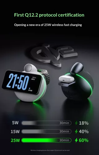 X16 Qi2.2 25W mágneses töltőállomás iPhone-hoz, AirPodshoz és Apple Watchhoz Bluetooth hangszóróval és hangulatfénnyel – fekete