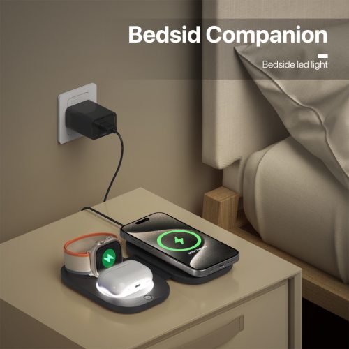 T5 töltőállomás iPhone, Apple Watch és Airpods készülékekhez LED világítással, fekete