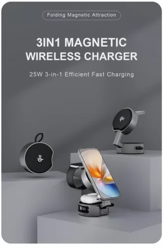 B30 Qi2 15W 3 az 1-ben összecsukható mágneses töltőállomás kihúzható kábellel – iPhone, Apple Watch és AirPods készülékekhez – ezüst/fekete