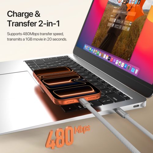 Mágneses fonott USB-C - USB-C töltőkábel (60W) - szürke