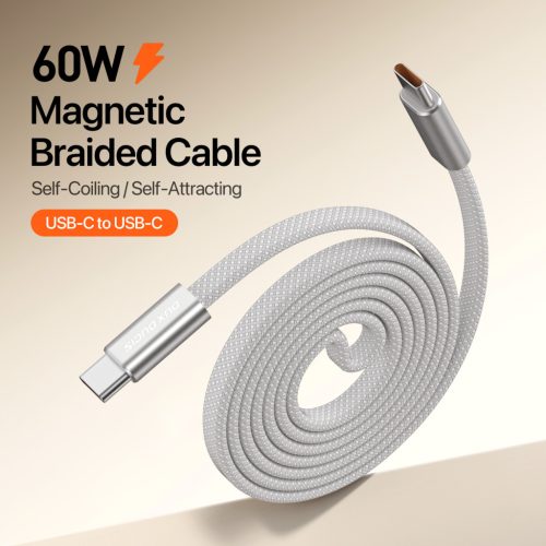 Mágneses fonott USB-C - USB-C töltőkábel (60W) - szürke