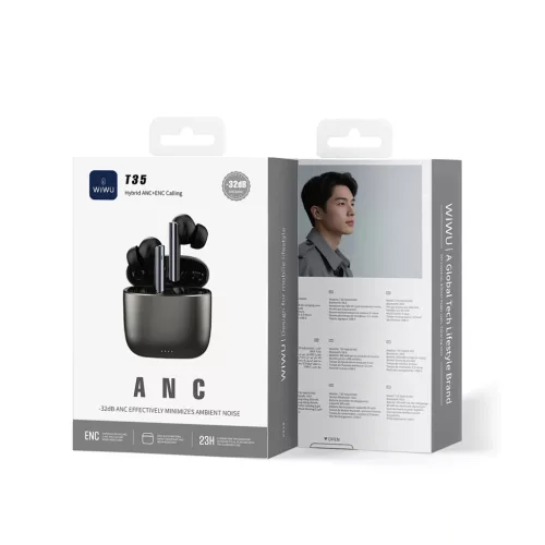 WiWU T35 Hybrid ANC Bluetooth fülhallgató, prémium fém töltőtokkal és 6 mikrofonos zajszűréssel - fekete