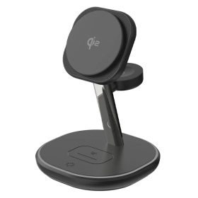   Z27 15W 3 az 1-ben Qi2 MagSafe kompatibilis vezeték nélküli töltőállomás LED világítással, fekete