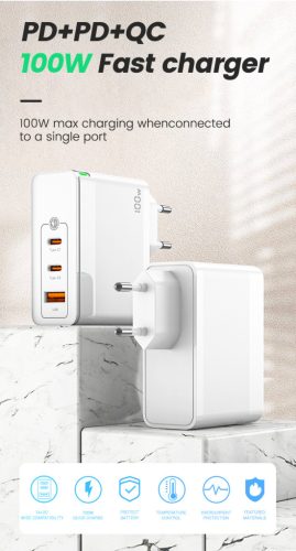 100W 2xUSB-C + 1xUSB QC3.0 töltő adapter, PD gyorstöltő