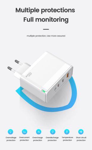 100W 2xUSB-C + 1xUSB QC3.0 töltő adapter, PD gyorstöltő