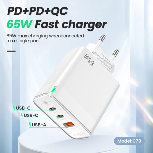 65W 2xUSB-C + 1xUSB QC3.0 töltő adapter, PD gyorstöltő