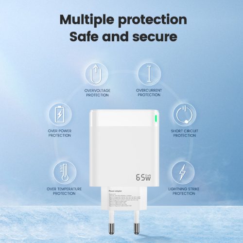 65W 2xUSB-C + 1xUSB QC3.0 töltő adapter, PD gyorstöltő