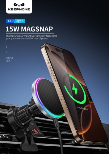15W MagEasy Carbon MagSafe kompatibilis autós töltő RGB LED világítással