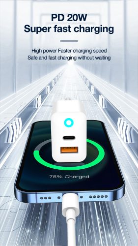Kétportos 20W USB-C és USB-A hálózati töltő adapter, PD gyorstöltő, QC3.0 gyorstöltő