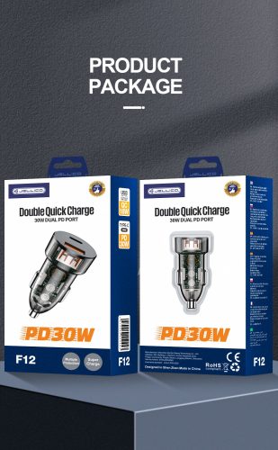 F12 30W kétportos USB C(PD 30W) + USB A(QC3.0 18W) szivargyújtós autós töltő