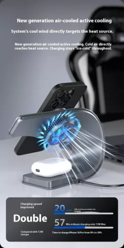 3 az 1-ben mágneses vezeték nélküli töltő hűtőventilátorral - iPhone, AirPods és Apple Watch kompatibilis (LFX-178X)