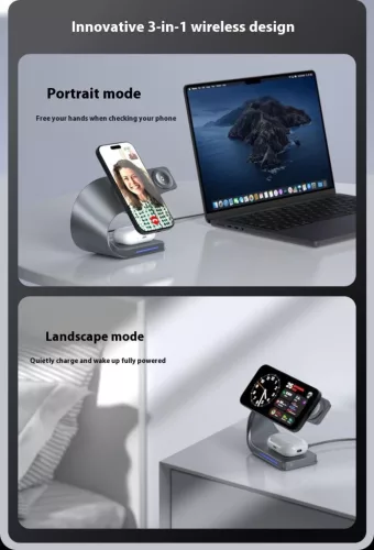 3 az 1-ben mágneses vezeték nélküli töltő hűtőventilátorral - iPhone, AirPods és Apple Watch kompatibilis (LFX-178X)