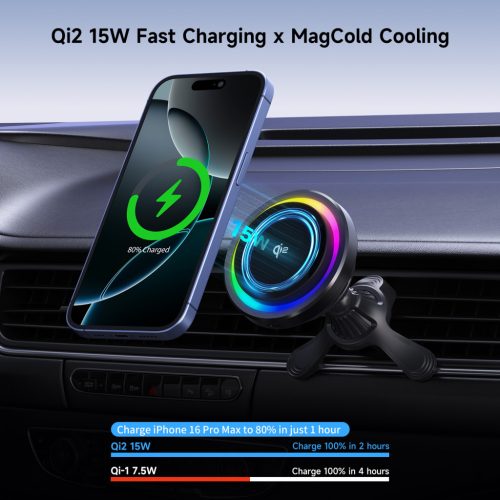 MagCold 11 15W MagSafe Qi2 iPhone mágneses autós gyorstöltő RGB világítással, beépített hűtőventillátorral