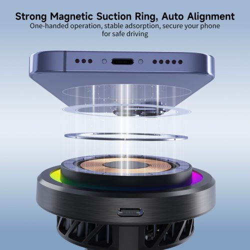 MagCold 11 15W MagSafe Qi2 iPhone mágneses autós gyorstöltő RGB világítással, beépített hűtőventillátorral