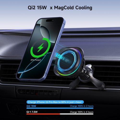 MagCold 12 15W MagSafe Qi2 iPhone mágneses autós gyorstöltő RGB világítással, beépített hűtőventillátorral