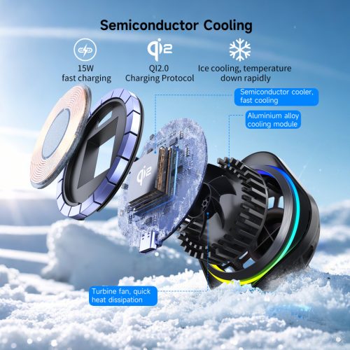 MagCold 12 15W MagSafe Qi2 iPhone mágneses autós gyorstöltő RGB világítással, beépített hűtőventillátorral