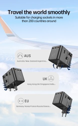45W 5 portos univerzális világutazó adapter 2xUSB + 3xUSB-C 