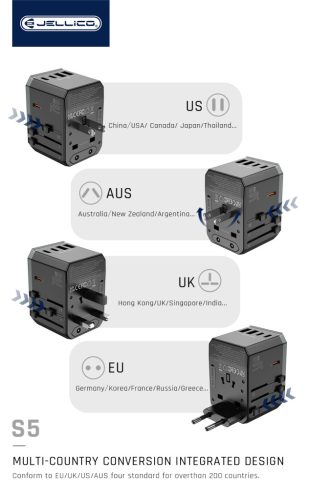 70W 5 portos univerzális világutazó adapter 2xUSB + 3xUSB-C 